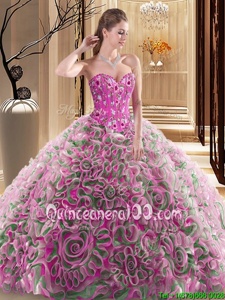 Cute Multi-color Ball Gowns Sweetheart Sleeveless Fabric With Rolling Flowers With Brush Train Lace Up Embroidery and Ruffles Quince Ball Gowns