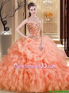 Fantastic Orange Sweetheart Lace Up Beading and Embroidery and Ruffles Sweet 16 Dress Brush Train Sleeveless