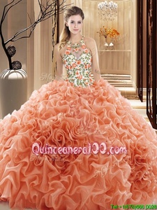 Simple Peach Backless High-neck Embroidery and Ruffles 15th Birthday Dress Organza Sleeveless Court Train