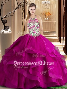 Customized Fuchsia Scoop Neckline Embroidery and Ruffles Quinceanera Dresses Sleeveless Zipper