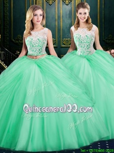 Best Apple Green Scoop Neckline Lace and Pick Ups Quinceanera Dresses Sleeveless Zipper