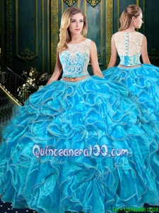 Artistic Two Pieces Vestidos de Quinceanera Baby Blue Scoop Organza Sleeveless Floor Length Zipper