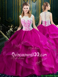 Beautiful Square Clasp Handle Fuchsia Sleeveless Brush Train Lace With Train 15th Birthday Dress