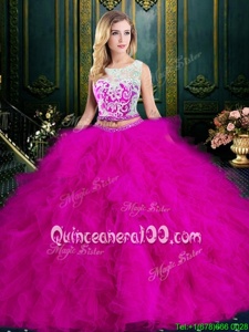 Nice Scoop Fuchsia Sleeveless Floor Length Lace and Ruffles Zipper 15 Quinceanera Dress