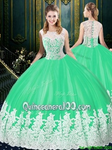 Pretty Apple Green Sweet 16 Quinceanera Dress Military Ball and Sweet 16 and Quinceanera and For withLace and Appliques Scoop Sleeveless Zipper