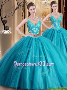 Popular Teal Two Pieces Tulle Spaghetti Straps Sleeveless Beading and Lace and Appliques Floor Length Lace Up Quinceanera Dress