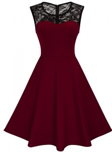 Burgundy A-line Scoop Sleeveless Satin Knee Length Zipper Lace Mother Dresses