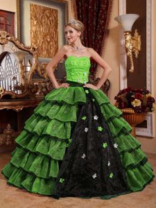 Lime Green and Black Quinceanera Dress with Appliques and Layered Skirt