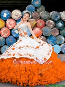 Nice Sleeveless Organza Floor Length Lace Up Sweet 16 Quinceanera Dress inOrange forSpring and Summer and Fall and Winter withAppliques and Embroidery and Ruffles