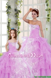 Affordable Lilac Strapless Lace Up Beading and Ruching Quince Ball Gowns Sleeveless