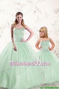 Comfortable Sweetheart Sleeveless Sweet 16 Dress Floor Length Beading Apple Green Tulle