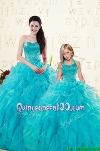 Graceful Aqua Blue Sweetheart Lace Up Beading and Ruffles Quinceanera Dresses Sleeveless