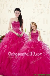 Cute Fuchsia Lace Up Sweetheart Beading and Ruffles Sweet 16 Dresses Organza Sleeveless