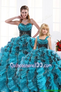 Gorgeous Beading and Appliques and Ruffles Vestidos de Quinceanera Aqua Blue Lace Up Sleeveless Floor Length