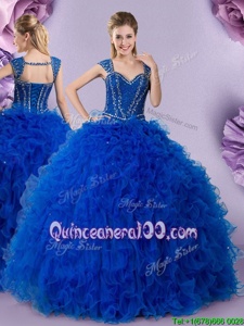 Enchanting Straps Straps Royal Blue Cap Sleeves Beading and Ruffles Floor Length Quinceanera Gown