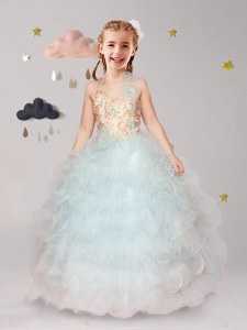 Spectacular Ball Gowns Toddler Flower Girl Dress Apple Green Halter Top Organza Sleeveless Floor Length Lace Up