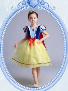 Luxury Yellow A-line Square Short Sleeves Organza Knee Length Zipper Bowknot Flower Girl Dress