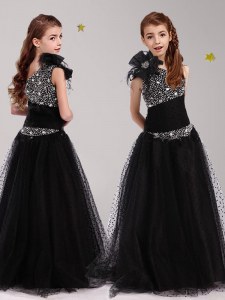 Pretty Black Zipper One Shoulder Beading and Bowknot Flower Girl Dresses Tulle Sleeveless