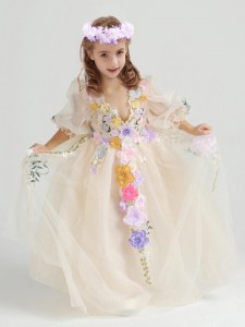 Champagne Half Sleeves Ankle Length Appliques and Hand Made Flower Zipper Toddler Flower Girl Dress