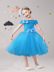 Off the Shoulder Blue Short Sleeves Hand Made Flower Tea Length Flower Girl Dresses