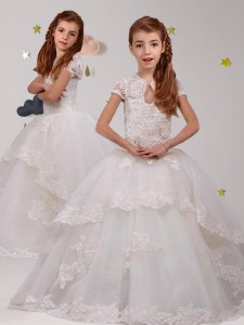 Superior Scoop Short Sleeves Brush Train Backless Flower Girl Dress White Tulle