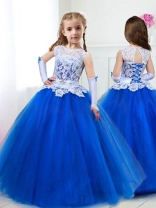 Scoop Royal Blue Sleeveless Floor Length Beading and Lace and Belt Lace Up Flower Girl Dress