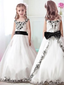 Low Price Straps White A-line Appliques and Belt Flower Girl Dress Zipper Tulle Sleeveless Floor Length