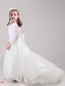 Trendy With Train White Toddler Flower Girl Dress Scoop Long Sleeves Brush Train Zipper