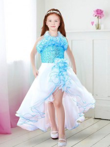 Graceful Halter Top White and Aqua Blue Sleeveless Ruffles High Low Flower Girl Dresses