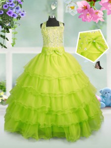 Apple Green Organza Zipper Girls Pageant Dresses Sleeveless Floor Length Beading and Ruffled Layers