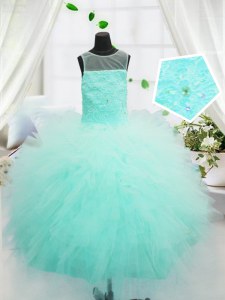 Customized Aqua Blue Scoop Zipper Beading and Appliques Kids Pageant Dress Sleeveless