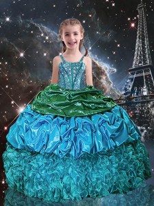 Trendy Pick Ups Spaghetti Straps Sleeveless Lace Up Little Girls Pageant Dress Aqua Blue Organza