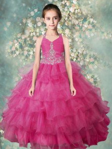 Halter Top Sleeveless Zipper Floor Length Beading and Ruffled Layers Child Pageant Dress