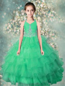 Teal Organza Zipper Halter Top Sleeveless Floor Length Little Girl Pageant Dress Beading and Ruffles