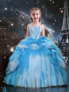 Baby Blue Lace Up Spaghetti Straps Beading and Ruffles Child Pageant Dress Organza Sleeveless