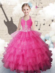 Cheap Ruffled Halter Top Sleeveless Lace Up Little Girls Pageant Dress Hot Pink Organza