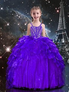 Dark Purple Sleeveless Floor Length Beading and Ruffles Lace Up Girls Pageant Dresses