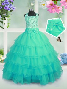 Turquoise Square Lace Up Beading and Ruffled Layers Kids Pageant Dress Sleeveless