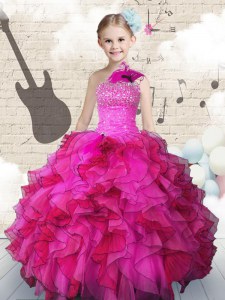 Graceful Hot Pink High School Pageant Dress Party and Wedding Party and For with Beading and Ruffles One Shoulder Sleeveless Lace Up