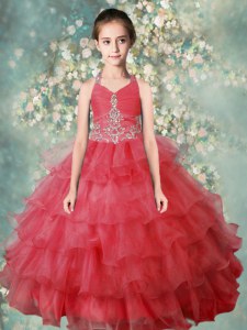 Nice Ruffled Floor Length Watermelon Red Kids Pageant Dress Halter Top Sleeveless Zipper