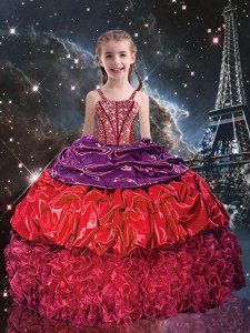 Floor Length Red Kids Pageant Dress Organza Sleeveless Beading and Ruffles and Pick Ups