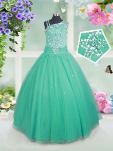 Nice Floor Length Aqua Blue Girls Pageant Dresses Asymmetric Sleeveless Side Zipper