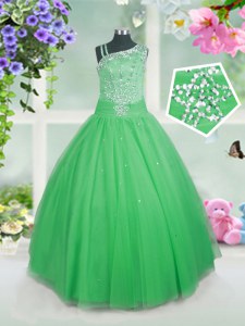 Tulle Sleeveless Floor Length Little Girls Pageant Dress and Beading