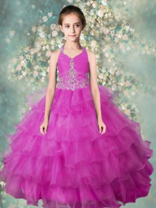 Amazing Halter Top Fuchsia Organza Zipper Pageant Dress for Teens Sleeveless Floor Length Beading and Ruffled Layers