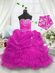 Fashionable Fuchsia Lace Up Sweetheart Beading and Ruffled Layers and Pick Ups Little Girls Pageant Dress Wholesale Organza Sleeveless