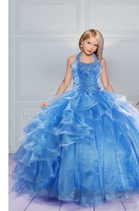 Affordable Halter Top Sleeveless Beading and Ruffles Lace Up Little Girl Pageant Dress