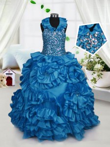 Teal Ball Gowns Halter Top Sleeveless Taffeta Floor Length Zipper Beading and Ruffles Kids Formal Wear