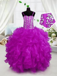 Hot Pink Sleeveless Beading and Ruffles Floor Length Little Girls Pageant Dress