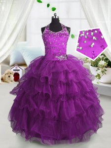 Scoop Sleeveless Lace Up Floor Length Beading and Ruffled Layers Pageant Gowns For Girls