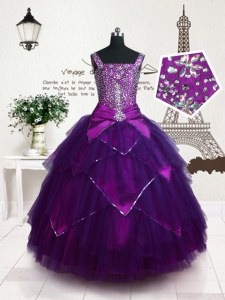 Tulle Straps Sleeveless Lace Up Belt Kids Pageant Dress in Purple